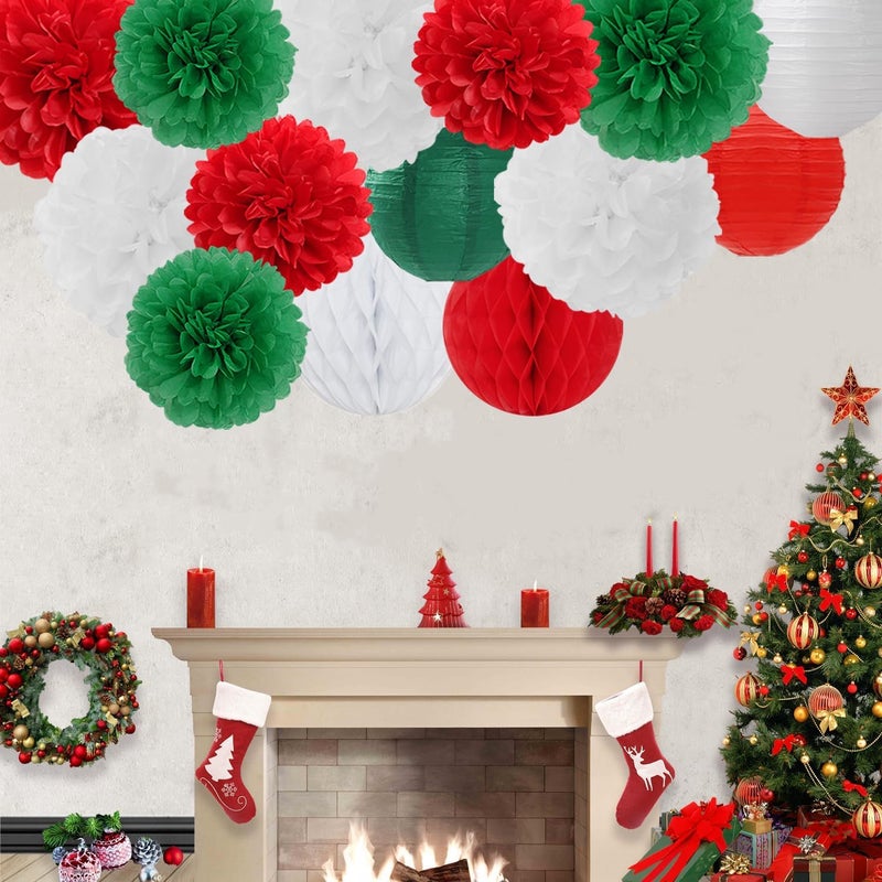 Mprocherify Red Green White Paper Flowers Tissue Pom Poms Honeycomb Lanterns 15pcs Christmas Party Decorations Mexican Italian Birthday Wedding Baby Shower Bachelorette Hanging Supplies - Image 4